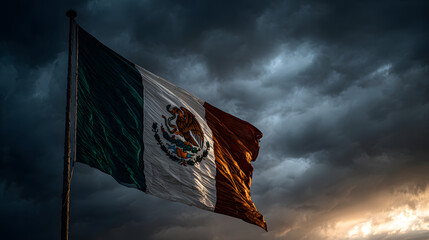 Mexican Flag Waving in the Wind Under a Cloudy Sky