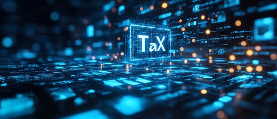Digital representation of tax concept with icons and hand interaction on dark background