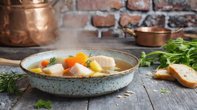 Ukrainian yushka soup, served in a rustic bowl with vegetables and fish, soft light and a cozy kitchen setting
