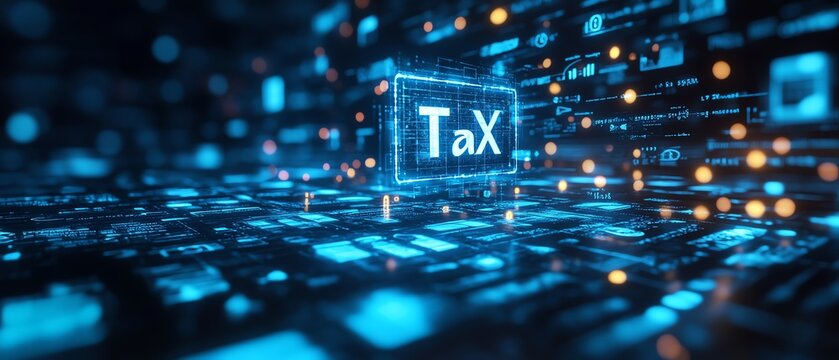 Digital representation of tax concept with icons and hand interaction on dark background
