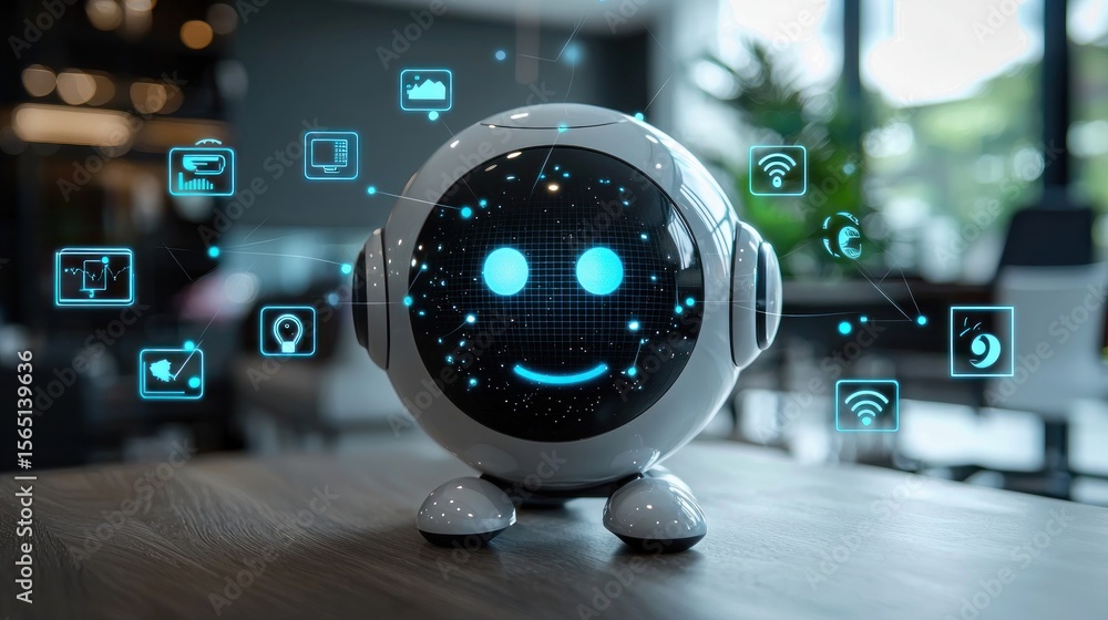 Aufkleber friendly ai robot with digital icons in modern indoor setting
