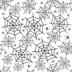 Seamless pattern filled with intricate spider webs and small spiders creating a spooky Halloween atmosphere
