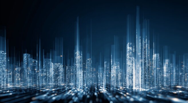 Glowing digital cityscape with binary code streams on dark blue background, visualizing smart grid energy flow in futuristic urban tech