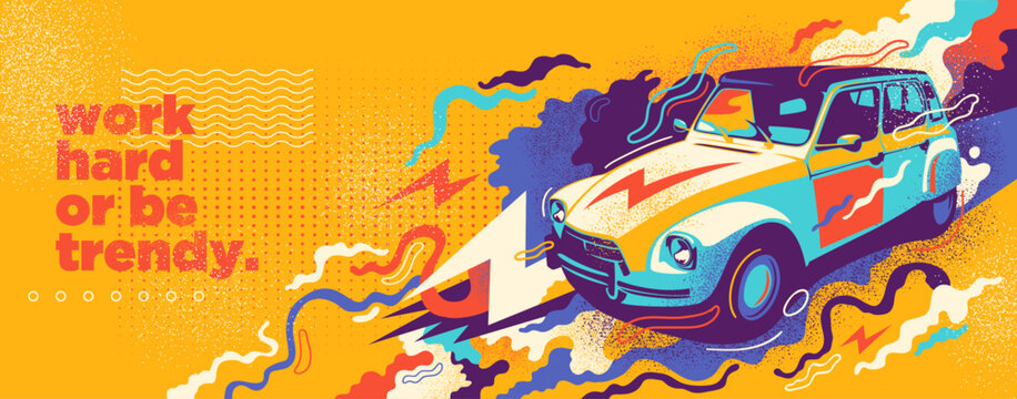 Colorful abstract lifestyle background with a vintage retro car, surrounded by splashing paint shapes. Vector illustration. 