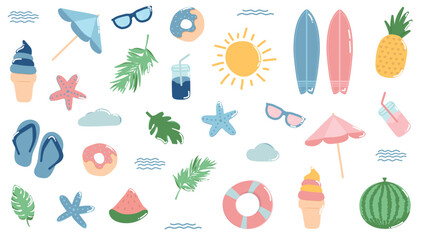 Cute Summer Vector Illustration - Beach Vacation Clipart Set with Ice Cream, Surfboards and Palms. Summer Beach Icons - Vector Set of Vacation and Holiday Elements.