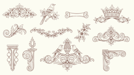 Floral decorative vector elements set, rococo and baroque style, vintage royal details. engraving illustration set