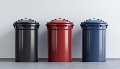 Metal trash bins with removable lids on light background 3D Rendering