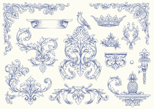 Floral decorative vector elements set, rococo and baroque style, vintage royal details. engraving illustration set