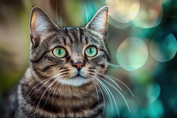 Fototapeta premium Captivating Close-Up of a Striped Cat with Stunning Green Eyes