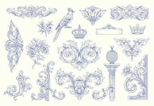 Floral decorative vector elements set, rococo and baroque style, vintage royal details. engraving illustration set