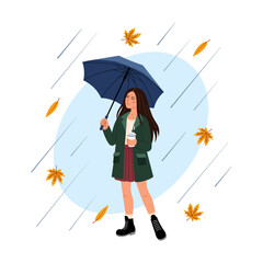 Happy girl with cup of coffee under an umbrella is walking in rain. Good vibes, positive attitude. Vector illustration. Walking in the Rain