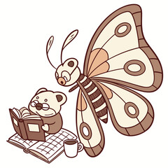 SVG art: A Excited Watercolor butterfly in a Bookworm Day vibe with with a stuffed animal, tinted with Cozy Reading tones