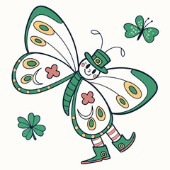 Delightful Grumpy Watercolor butterfly in a St. Patrick's Day scene with wearing rain boots – Clover Cheer vector illustration