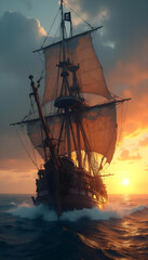 A pirate ship sails under a dramatic sunset with a waving Jolly Roger flag.
