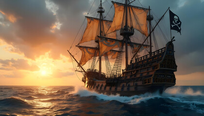 Obraz premium A pirate ship sails under a dramatic sunset with a waving Jolly Roger flag. 