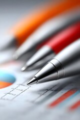Close-up of pens on a financial report with colorful charts