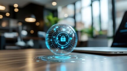 Digital Lock Symbol Displayed in Holographic Globe Over Workspace