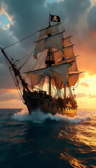 Obraz premium A pirate ship sails under a dramatic sunset with a waving Jolly Roger flag. 