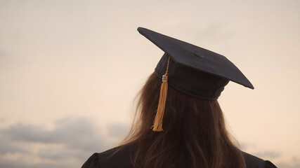 Back view of a female graduate wearing a cap, gazing into the distance at sunrise, symbolizing new beginnings and academic success.