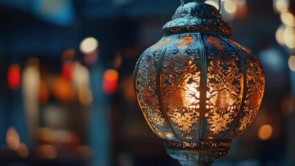 Traditional hanging lantern with intricate design and warm glowing candle light.