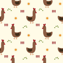 Chicken brown cartoon so cute. On fence grass sun background. Pattern seamless vector illustration. 