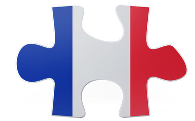 A single puzzle piece filled with the colors of the French flag, blue, white and red, stands alone against a black background, representing national identity and unity.