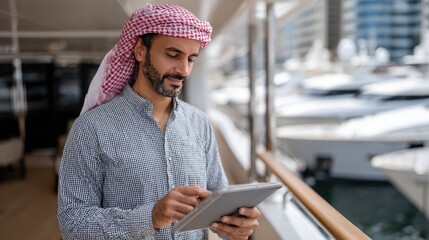 Dressed elegantly, a man uses an iPad to check the weather while enjoying breathtaking ocean views and a skyline in the distance
