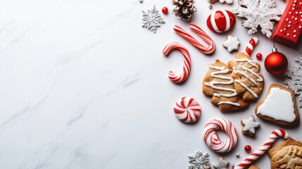 Festive Christmas Treats and Decorations on Marble Background, Candy Canes, Cookies, and Ornaments
