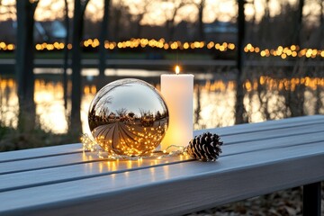 Serene Sunset: Reflective Sphere, Candlelight, and Pine Cone on a Park Bench