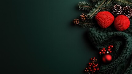 Cozy Christmas Still Life: Red Yarn Balls, Pine Cones, and Berries on Dark Green