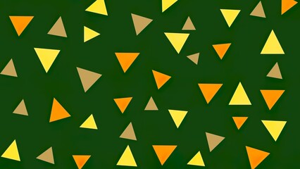 Seamless pattern of colorful triangles in yellow, orange, and brown on a green background. Simple geometric abstract design.