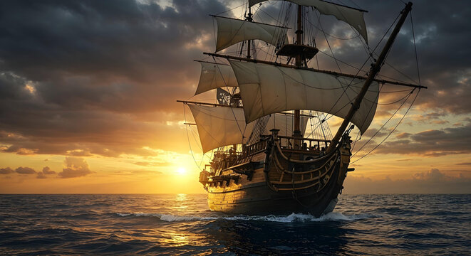 A pirate ship sails under a dramatic sunset with a waving Jolly Roger flag.
