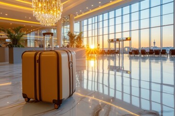 Golden Suitcase Awaits Departure in Modern Airport Terminal at Sunset