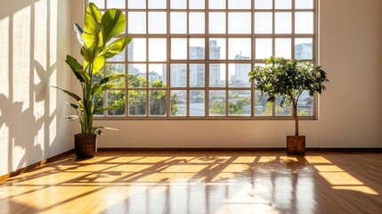 Sunny Interior with Lush Plants and City Views
