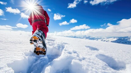 Adventurer's Ascent: Sun-Kissed Footsteps in Pristine Snowy Mountain Landscape