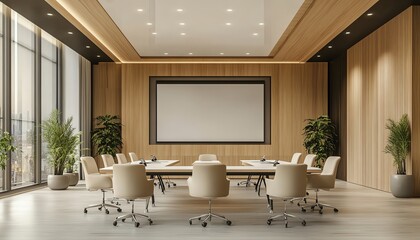 Modern conference room interior with a sleek desk, beige chairs, and a large presentation screen on a wooden floor background 3D Rendering