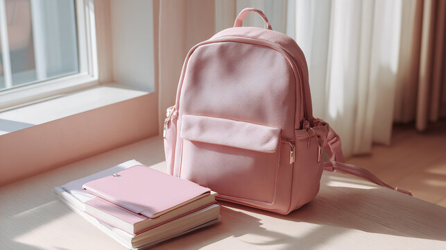 Pink Backpack, Notebooks, Books, Study, Desk, Light, Sunlit, Room, Casual, Style