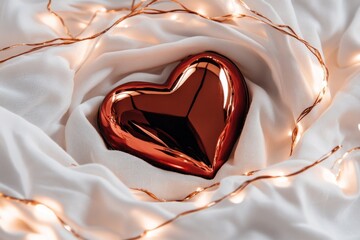 Gleaming Red Heart on Silken Cloth with Warm Fairy Lights, Romantic Still Life.