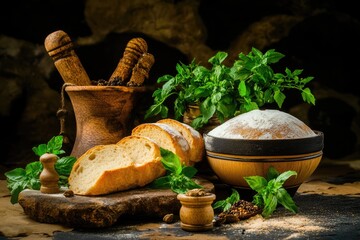 Rustic Still Life: Artisan Bread, Basil, and Spices in Warm Lighting