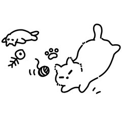 Funny cat with toys vector line art outline illustration 