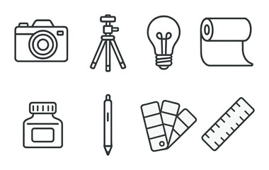 Photography and art outline icons set &ndash; creative tools and equipment symbols pack