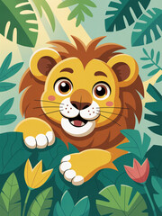 Friendly Lion Cartoon Hiding Behind Jungle Leaves