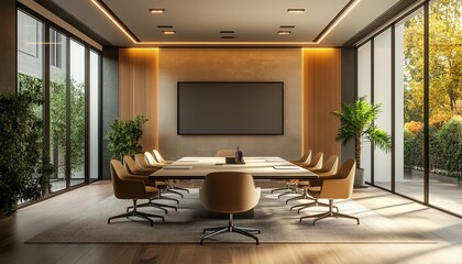 Modern conference room interior with a sleek desk, beige chairs, and a large presentation screen on a wooden floor background 3D Rendering