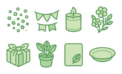 Eco friendly celebration icons set &ndash; outline, sustainable and green party symbols