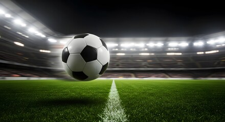 Fototapeta premium Soccer Ball on Field Ready for Kickoff Under Stadium Lights - Night Sports Background