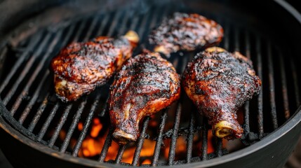 Glazed Chicken Thighs Sizzling on a Charcoal Grill with Smoky Aroma