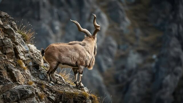 Majestic Markhor Goat Standing Proudly on Rugged Mountain Peak