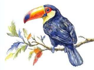 Fototapeta premium Vibrant Watercolor Illustration of a Colorful Toucan perched on a Branch