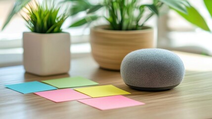 Smart Speaker on Table with Sticky Notes and Decorative Plants