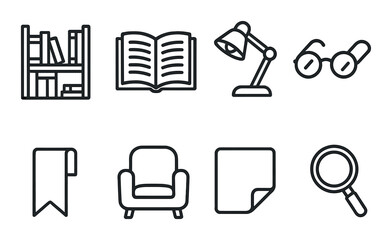 Library and reading icons set – outline, book, study and learning symbols